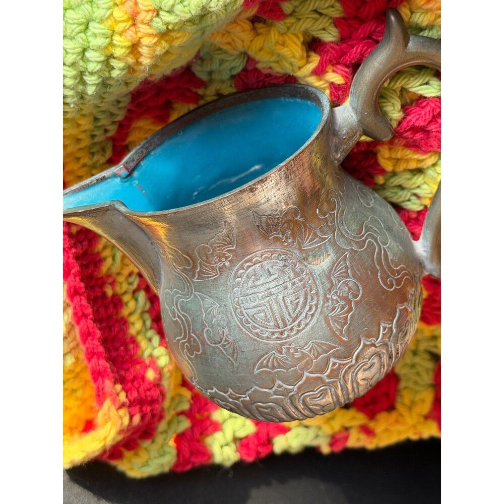 Vintage Chinese copper pitcher with Shou symbol and bat motifs